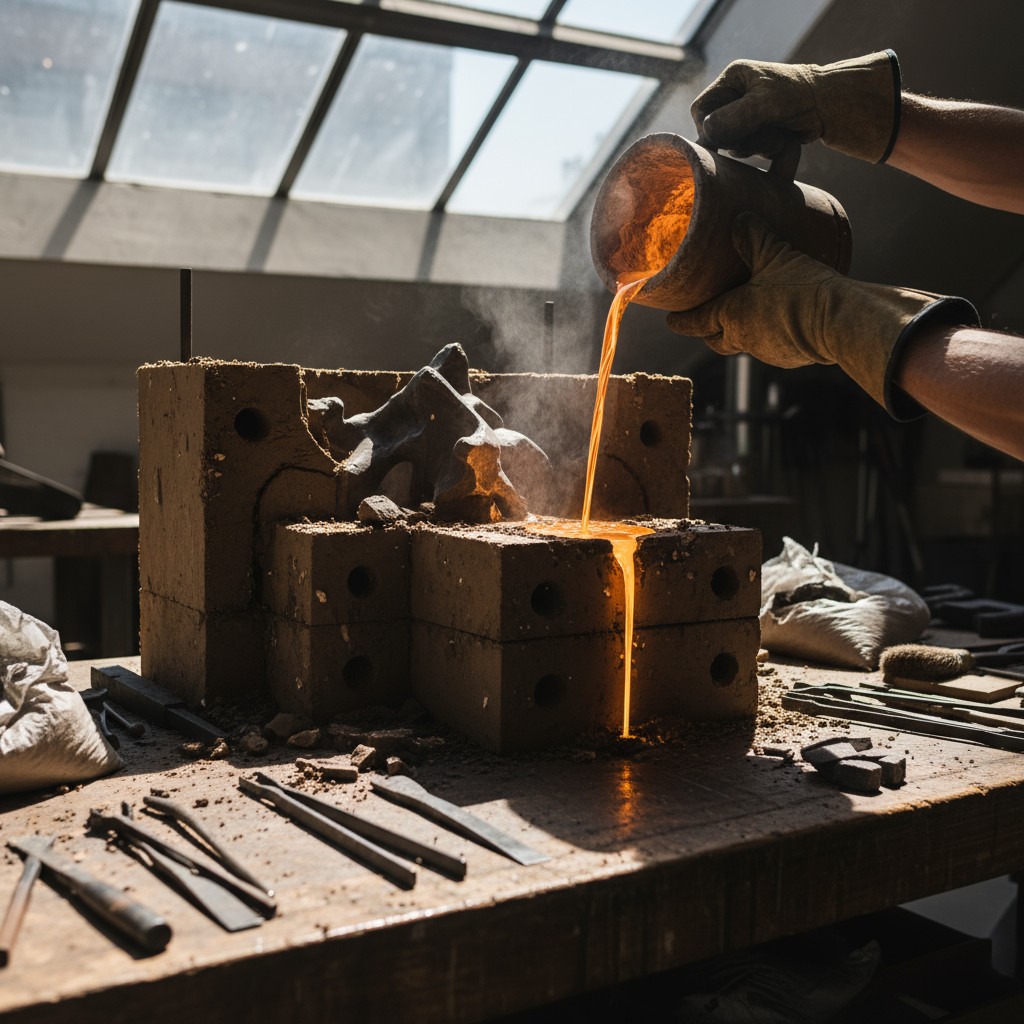 A person wearing gloves pours molten metal from a crucible into a mold on a workbench, with various tools scattered around.